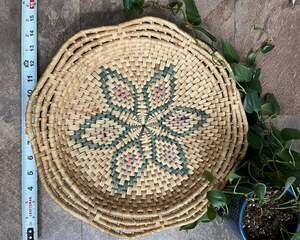 Vintage Woven Coiled Colorful Bohemian Tribal Raffia Straw Basket Bowl ~ 15.0"